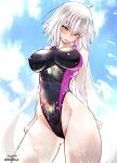  1girl absurdres ahoge ass_visible_through_thighs black_one-piece_swimsuit blue_sky breasts cloud competition_swimsuit covered_nipples cowboy_shot day fate/grand_order fate_(series) grey_hair highleg highleg_swimsuit highres jeanne_d&#039;arc_alter_(avenger)_(fate) jeanne_d&#039;arc_alter_(fate) large_breasts long_hair looking_down one-piece_swimsuit sanazura_hiroyuki sky solo standing swimsuit variant_set very_long_hair wet wet_clothes wet_swimsuit yellow_eyes 