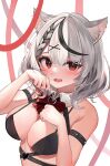  1girl animal_ears blush breasts cat_ears cleavage grey_hair hair_ornament heart_collar heart_pendant highres hololive looking_at_viewer medium_breasts multicolored_hair paw_pose red_eyes red_nails sakamata_chloe suiso_kurage_(user_ncer3537) upper_body virtual_youtuber x_hair_ornament 