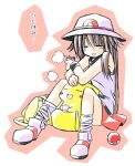  1girl bag black_wristband brown_hair can full_body hair_between_eyes hat holding holding_can leaf_(pokemon) long_hair loose_socks pikachu pokemon pokemon_(creature) pokemon_(game) pokemon_frlg rascal_(feuille) sitting smile socks solo white_headwear wristband yellow_bag 