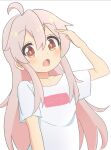  1girl :o ahoge brown_eyes clothes_writing commentary hair_between_eyes hand_up highres light_blush long_hair looking_at_viewer onii-chan_wa_oshimai! open_mouth oyama_mahiro pink_hair shirt short_sleeves simple_background solo t-shirt upper_body white_background white_shirt yatutori 
