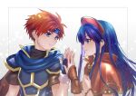  1boy 1girl armor bandana black_undershirt blue_bandana blue_eyes blue_gloves blue_hair bracelet brown_gloves cape closed_mouth couple fingerless_gloves fire_emblem fire_emblem:_the_binding_blade gloves hand_up jewelry light_blush light_particles lilina_(fire_emblem) long_hair looking_at_another neck_ring open_hand parted_lips popped_collar profile red_hair red_headwear roy_(fire_emblem) short_hair short_sleeves shoulder_armor sidelocks single_glove sweatdrop turtleneck upper_body yuki_(yuki2061) 