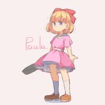 1girl blonde_hair blue_eyes blunt_bangs bow brown_footwear character_name closed_mouth dress frying_pan full_body hair_bow holding kneehighs looking_at_viewer mother_(game) mother_2 paula_(mother_2) pink_dress red_bow shimazaki1152 shoes short_hair short_sleeves simple_background socks solo standing white_socks 