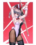  1girl animal_ears armpits arms_up artist_name black_leotard bow bowtie breasts brown_pantyhose cleavage commission danganronpa_(series) danganronpa_2:_goodbye_despair detached_collar fake_animal_ears fake_tail fishnet_pantyhose fishnets glasses highres holding holding_sword holding_weapon leotard lips long_hair looking_at_viewer luchidart medium_breasts pantyhose parted_lips pekoyama_peko pink_lips playboy_bunny rabbit_ears rabbit_tail red_bow red_bowtie red_eyes solo strapless strapless_leotard sword tail two-tone_leotard weapon white_leotard wooden_sword wrist_cuffs 