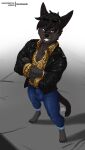  anthro bulge canid canine canis clothed clothing digital_media_(artwork) eyewear grin hi_res jacket leather leather_clothing leather_jacket leather_topwear looking_at_viewer male mammal masamaki simple_background smile solo sunglasses tail topwear wolf 
