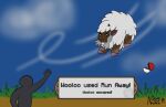  bovid brown_body brown_ears caprine cloud dognoms english_text fur generation_8_pokemon grass grey_ur hooves human mammal midair nintendo open_mouth outside pink_ears plant pokeball pokemon pokemon_(species) sheep signature text text_box white_body white_fur wool_(fur) wooloo 