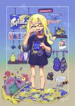  1girl absurdres alarm_clock baggy_clothes bathroom black_shirt blonde_hair clock copyright_name digital_clock eyebrow_cut highres inkling inkling_girl keychain long_hair long_shirt one_eye_closed open_mouth picture_(object) pointy_ears shirt sleepy smallfry_(splatoon) solo_focus splatoon_(series) splatoon_3 sticker stuffed_toy tears teeth tentacle_hair tile_wall tiles toothbrush_in_mouth yellow_eyes yellowking_hiro 