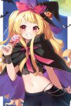  1girl aisu_(i_ce_pinon_pino) alternate_costume azur_lane bat_(animal) black_cape black_skirt blonde_hair blush border bow candy cape commission cowboy_shot food grin hair_bow halloween_costume hat highres holding holding_candy holding_food holding_lollipop jenkins_(azur_lane) lollipop long_hair looking_at_viewer midriff moon navel night night_sky open_mouth outside_border pumpkin_hat_ornament purple_cape red_bow red_eyes skeb_commission skirt sky smile solo tilted_headwear two-tone_cape white_border witch_hat 