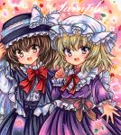  2girls :d adapted_costume black_capelet black_headwear black_skirt blonde_hair blush bow bowtie brown_eyes brown_hair buttons capelet cherry_blossoms cowboy_shot dress frilled_bow frilled_capelet frilled_hat frills hand_up hands_on_headwear hat hat_bow hat_ribbon long_sleeves looking_at_viewer maribel_hearn marker_(medium) medium_hair mob_cap multiple_girls neck_ribbon open_mouth petals purple_dress purple_eyes red_bow red_bowtie red_ribbon ribbon rui_(sugar3) sample_watermark shirt skirt smile spread_fingers standing touhou traditional_media usami_renko white_bow white_headwear white_ribbon white_shirt 