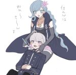  1boy 1girl :d ahoge black_dress blue_eyes blue_hair blue_jacket blush braid breasts cleavage commentary_request dress elbow_gloves embarrassed fingerless_gloves flower fubuki_clockford gloves grey_hair hair_flower hair_ornament holding holding_toothbrush hooded_coat jacket jewelry lap_pillow long_hair long_sleeves looking_at_another lying master_detective_archives:_rain_code necklace on_back open_mouth own_hands_together parimi_(tobari) pink_flower purple_eyes seiza short_hair simple_background single_braid sitting sleeveless_coat smile toothbrush translation_request very_long_hair white_background yuma_kokohead 