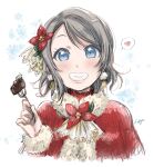  blue_eyes blush brown_hair christmas flower food hair_ornament heart highres japanese_clothes love_live! love_live!_sunshine!! rippe short_hair smile snowflakes watanabe_you 