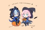  2girls arknights blue_eyes blue_hair blue_jacket blue_poison_(arknights) cape dailybloopy glaucus_(arknights) hair_between_eyes halloween halloween_costume hat jacket long_sleeves medium_hair multiple_girls open_mouth pantyhose pink_hair pumpkin slug_girl twintails witch_hat 