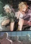  2girls 3boys absurdres animal_ears arknights arms_behind_back bare_shoulders barefoot black_hair blonde_hair blush bottomless breasts censored cleavage collar dodok_(gj77230) faceless faceless_male highres indra_(arknights) kneeling lion_ears lion_tail long_hair multiple_boys multiple_girls paid_reward_available ponytail siege_(arknights) sitting smile tail tank_top tiger_ears tiger_tail white_hair yellow_eyes 