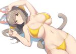  1girl animal_ear_fluff animal_ears arukiru bikini blush breasts brown_hair cat_ears cat_tail collarbone commentary_request fingernails highres huge_breasts long_hair looking_at_viewer lying navel on_back original simple_background stomach swimsuit tail thighs white_background yellow_bikini yellow_eyes 