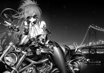  1girl absurdres adjusting_eyewear aviator_sunglasses been black-framed_eyewear black_gloves black_pants blurry blurry_background bracelet breasts bridge cleavage closed_mouth elesis_(elsword) elsword flame_lord_(elsword) floating_hair gloves greyscale hair_over_one_eye half_gloves highres jewelry large_breasts long_hair long_sleeves looking_at_viewer looking_over_eyewear monochrome motor_vehicle motorcycle night pants shoulder_tattoo smile solo sparkle sunglasses tattoo very_long_hair 