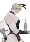  1boy absurdres animal_ears bara blonde_hair bulge cowboy_shot crossdressing detached_collar from_side heart highres kf2impossible large_pectorals leotard male_focus male_playboy_bunny muscular muscular_male mustache_stubble pectorals profile rabbit_ears rabbit_tail reiner_braun shingeki_no_kyojin short_hair sideburns_stubble skin_tight solo spoken_heart sweat tail tail_grab thick_thighs thighs torogao uncommon_stimulation very_sweaty 