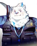  anthro bandage blue_eyes bust_portrait canid canine canis clothing cocobucker domestic_dog fur hair hi_res lifewonders live_a_hero male mammal neck_tuft overweight ponytail portrait simple_background smile solo topwear tuft vest white_background white_body white_fur yohack 
