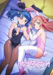  2girls absurdres alternate_costume animal_ears bare_shoulders bed between_legs black_collar black_leotard blue_bow blue_bowtie blue_eyes blue_hair blush bow bowtie breasts cleavage collar cover cover_page covered_navel cut_bangs detached_collar detached_sleeves doujin_cover fake_animal_ears fake_tail green_eyes green_hair grey_pantyhose hair_bow hair_bun hair_ribbon hand_between_legs hand_on_own_chest hand_on_own_thigh high_heels highres hirogaru_sky!_precure holding_hands indoors interlocked_fingers leotard light_frown locked_arms long_hair looking_at_viewer lying medium_hair multiple_girls nijigaoka_mashiro on_back on_bed on_side open_mouth pantyhose pillow pink_bow pink_bowtie pink_hair pink_leotard playboy_bunny ponytail precure rabbit_ears rabbit_tail ribbon side_ponytail single_sidelock small_breasts smile sora_harewataru strapless strapless_leotard sweatdrop tail thighhighs tirofinire white_ribbon white_thighhighs yellow_ribbon 