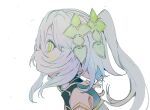  1girl absurdres closed_mouth cross-shaped_pupils ddari expressionless genshin_impact green_eyes hair_between_eyes hair_ornament highres looking_ahead nahida_(genshin_impact) ponytail sidelocks simple_background solo symbol-shaped_pupils upper_body white_background white_hair 