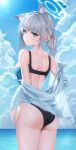  1girl absurdres animal_ears ass back blue_archive blue_eyes blue_sky breasts cloud cross_hair_ornament day grey_hair hair_ornament halo highres k.j. medium_breasts ocean one-piece_swimsuit outdoors parted_lips revision shiroko_(blue_archive) shiroko_(swimsuit)_(blue_archive) sky solo swimsuit water wet wolf_ears 