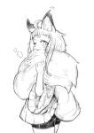  1girl ahoge animal_ear_fluff animal_ears bike_shorts blush cowboy_shot fox_ears fox_girl_(jaco) fox_tail from_side greyscale jaco large_tail long_sleeves looking_at_viewer looking_to_the_side monochrome original short_eyebrows simple_background sketch solo standing sweater tail thick_eyebrows white_background wide_sleeves 