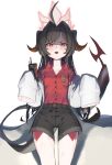  1girl :3 :d absurdres bangs belt black_hair black_shorts blue_archive blush coat collarbone commentary_request controller demon_girl demon_horns demon_tail fang halo highres holding holding_remote_control horns kasumi_(blue_archive) kkami15 long_hair long_sleeves looking_at_viewer parted_bangs red_eyes remote_control school_uniform shaded_face shorts sidelocks simple_background sleeves_past_wrists smile solo tail white_background white_coat 