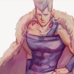  1boy 2608337875 blue_eyes cape earrings flattop fur_cape grey_hair highres jean_pierre_polnareff jewelry jojo_no_kimyou_na_bouken male_focus ring solo stardust_crusaders 