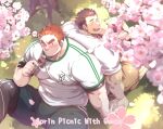  2boys ^_^ back-to-back bara blush bulge cherry_blossoms closed_eyes couple english_text facial_hair from_above goatee goatee_stubble green_shorts hanami happy highres holding_hands interlocked_fingers large_pectorals leggings_under_shorts leoandaslan_(leobongnana) long_sideburns male_focus multiple_boys muscular muscular_male nervous_sweating pectorals protagonist_3_(housamo) scar scar_on_cheek scar_on_face short_hair shorts shy sideburns sparse_stubble spoken_blush stubble sunlight sweat tamamura_gunzo thick_eyebrows tokyo_afterschool_summoners tree v-shaped_eyebrows yaoi 