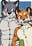  abs absurd_res anthro athletic athletic_anthro athletic_male blush brush brushing brushing_teeth dev_(i_think_i_like_you) duo felid fur grey_body grey_fur hair hi_res i_think_i_like_you male mammal muscular muscular_anthro muscular_male nude orange_body orange_eyes orange_fur pantherine pecs purple_eyes red_(i_think_i_like_you) saku1saya snow_leopard standing tiger toothbrush 