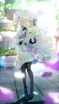  1girl ascot backlighting beret black_footwear black_pantyhose blue_eyes blue_hair blush boots bouquet collared_dress dress flower fountain full_body grey_hair hair_flower hair_ornament hair_over_one_eye hat highres holding holding_bouquet isekai_joucho kamitsubaki_studio long_hair looking_at_viewer multicolored_hair open_mouth pantyhose petals rocky0206 smile solo two-tone_hair virtual_youtuber white_dress white_headwear 