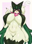  2023 anthro big_breasts blush breasts female fur generation_9_pokemon genitals green_body green_fur hi_res huge_breasts looking_at_viewer meowscarada navel nintendo pink_eyes pokemon pokemon_(species) pussy solo tailzkim 