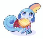  :&gt; backpack bag blue_eyes bright_pupils butter closed_mouth commentary food food_in_mouth full_body gesugao_enthusiast looking_up mouth_hold no_humans pokemon pokemon_(creature) randoseru red_bag smile sobble solo toast toast_in_mouth white_background white_pupils 