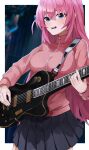  1girl absurdres black_skirt blue_eyes blush bocchi_the_rock! breasts cube_hair_ornament electric_guitar gibson_les_paul gotou_hitori guitar hair_ornament highres holding holding_instrument holding_plectrum instrument jacket large_breasts long_hair looking_at_viewer open_mouth pink_hair pink_jacket pink_track_suit pleated_skirt plectrum skirt solo su901 track_jacket 