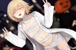  1boy 2others :d ^_^ areola_slip bandages blonde-haired_boy_(sunaba_(nczd5875)) blonde_hair blurry blush closed_eyes coat collarbone depth_of_field double_v fang halloween halloween_costume jack-o&#039;-lantern_head lab_coat male_focus multiple_others naked_bandage navel open_clothes open_coat open_mouth original otoko_no_ko short_hair smile solo_focus sunaba_(nczd5875) v 