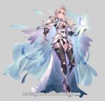  1girl armor black_leotard breasts cape cleavage corrin_(female)_(fire_emblem) corrin_(fire_emblem) crown dragonstone dress essual_(layer_world) fire_emblem fire_emblem_fates fire_emblem_heroes frills full_body gloves hair_between_eyes hair_ornament jewelry leotard long_dress long_hair looking_at_viewer official_alternate_costume official_art pointy_ears queen red_eyes see-through shoulder_armor solo tiara white_hair 