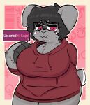  absurd_res anthro big_breasts black_hair bodily_fluids bottomless breasts clothed clothing crying eyewear female fur glasses grey_body grey_fur hair hi_res hoodie hoodie_only implied_transformation lagomorph leporid mammal nervous overweight overweight_female pknicky pknicky_(pknicky) rabbit red_clothing solo sweater_dress tears thick_thighs topwear topwear_only 