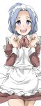  1girl apron blue_eyes blue_hair blush bow bowtie clenched_hands cowboy_shot dress elf_(stroll_in_the_woods) forehead frilled_apron frills hands_up highres legs_together long_sleeves looking_at_viewer maid maid_headdress nose_blush open_mouth original parted_bangs red_bow red_bowtie red_dress short_dress short_hair sidelocks simple_background sleeve_cuffs smile solo straight-on teeth textless_version thighs upper_teeth_only white_apron white_background 