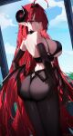  1girl absurdres ahoge ass azur_lane back_cutout bare_back bare_shoulders black_choker breasts brown_gloves brown_pantyhose choker closed_mouth clothing_cutout cowboy_shot curled_horns demon_girl demon_horns demon_wings elbow_gloves expressionless frills from_behind gloves hairband hands_on_own_ass highres hindenburg_(azur_lane) horns large_breasts long_hair looking_at_viewer looking_back low_wings maanu median_furrow midriff mole mole_under_eye pantyhose pink_eyes pointy_ears red_hair revealing_clothes solo standing thighs underboob very_long_hair wings 