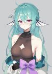  1girl absurdres ahoge black_gloves bow cleavage_cutout clothing_cutout finana_ryugu finana_ryugu_(2nd_costume) fins genso_(thereisnosauce) gloves green_hair hair_down halterneck head_fins highres japanese_clothes kimono long_hair nijisanji nijisanji_en official_alternate_costume purple_bow purple_eyes sleepy solo virtual_youtuber white_kimono 