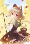  1girl animal animal_ears biyon black_dress capelet commission cowboy_shot dowsing_rod dress grey_capelet grey_hair hair_between_eyes jewelry leaf long_sleeves maple_leaf mouse mouse_ears mouse_tail nazrin open_mouth pendant red_eyes short_hair skeb_commission solo tail touhou 