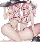  2girls animal_ear_fluff animal_ears armlet bikini breast_press breasts fang fate/grand_order fate_(series) fox_ears fox_girl fox_tail glasses hat highres koyanskaya_(fate) large_breasts licking_lips light_smile looking_at_viewer multiple_girls navel phaethonvt stomach striped striped_bikini swimsuit symmetrical_docking tail tamamo_(fate) tongue tongue_out witch_hat yellow_eyes 