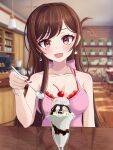 1girl absurdres blurry blurry_background blush bra bracelet breasts brown_eyes brown_hair cafe chair cherry cleavage collarbone dating dress earrings food fruit highres holding holding_spoon ice_cream jewelry kanojo_okarishimasu large_breasts long_hair miwapeito mizuhara_chizuru necklace open_mouth pearl_bracelet pink_dress pink_nails pov red_bra reflection solo spoon sprinkles sundae underwear upper_body 