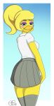  anthro avian beak bird blue_eyes bottomwear chicken clothing female five_nights_at_freddy&#039;s five_nights_at_freddy&#039;s_2 galliform gallus_(genus) hair looking_at_viewer looking_back octavariumguy phasianid ponytail school_uniform scottgames skirt solo toy_chica_(fnaf) toy_chica_(yandere_simulator) uniform yandere_simulator yellow_body 