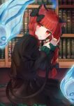  1girl animal_ears black_dress blush book bookshelf braid cat_ears cat_tail closed_mouth dress flaming_skull juliet_sleeves kaenbyou_rin long_hair long_sleeves looking_at_viewer multiple_tails neko_bocchi puffy_sleeves red_eyes red_hair skull solo tail touhou twin_braids two_tails 