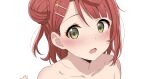  1girl bare_shoulders blush braid braided_bun collarbone dot_nose hair_bun hair_ornament hairclip ikesho0612 looking_to_the_side love_live! love_live!_nijigasaki_high_school_idol_club medium_hair nude open_mouth orange_hair single_side_bun solo swept_bangs uehara_ayumu white_background yellow_eyes 