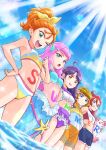  5girls absurdres ahoge animal aqua_eyes bikini blue_eyes blush bow brown_hair commentary_request english_text eyelashes green_eyes hair_bow hair_ornament hairclip happy highres ichinose_minori itou_shin&#039;ichi jewelry kururun_(precure) laura_la_mer light_blush long_hair looking_at_viewer medium_hair mermaid monster_girl multiple_girls natsuumi_manatsu navel ocean one_eye_closed orange_hair pink_hair ponytail precure purple_eyes purple_hair red_hair ring seal_(animal) short_hair sky smile standing suzumura_sango swimsuit takizawa_asuka thumbs_up tropical-rouge!_precure wavy_hair yellow_eyes 