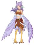  1girl absurdres animal_ears bare_shoulders bird_ears bird_legs bird_tail blush breasts commentary_request da_zhizhu feathered_wings feathers full_body green_feathers harpy highres long_hair medium_breasts midriff monster_girl original purple_eyes purple_hair purple_wings simple_background skirt solo tail talons white_background winged_arms wings 