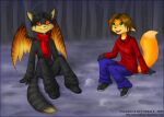  2005 anthro black_clothing black_hair black_sclera brown_hair canid canine clothing cold collared_shirt cute_fangs dipstick_tail duo fluffy fluffy_tail footwear forest fox gloves green_eyes hair handwear helena_soderberg male mammal markings membrane_(anatomy) membranous_wings plant red_eyes scarf shoes short_hair sitting sneakers snow striped_markings striped_tail stripes tail tail_markings tim_(helena_soderberg) tree vulpes_(helena_soderberg) wings 