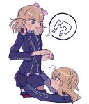  !? 2girls belt black_gloves blonde_hair blue_belt blue_jacket blue_skirt blush bow closed_mouth commentary_request fingerless_gloves gloves hair_between_eyes hair_bow hands_on_another&#039;s_hips headphones headphones_around_neck highres jacket long_hair long_sleeves looking_at_another master_detective_archives:_rain_code measuring melami_goldmine multiple_girls musical_note open_mouth pink_bow profile pucci_lavmin purple_eyes short_hair simple_background skirt speech_bubble standing surprised white_background world_detective_organization_uniform yunome_(lyu_nomel) 