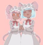  2girls animal_ears apron blue_hair blush_stickers daikokuten_(fate) dress fate/grand_order fate_(series) grey_dress half-closed_eyes highres holding_hands looking_at_viewer maid maid_headdress mouse_ears mouse_girl mouse_tail multiple_girls neck_ribbon open_mouth pink_background pink_hair red_ribbon ribbon riyo_(lyomsnpmp) short_hair simple_background smile tail 