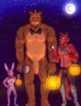  2023 abs anthro athletic athletic_anthro athletic_male barefoot bear beastars black_nose blue_body blue_fur bonnie_(fnaf) bottomwear bow_tie breasts brown_body brown_fur canid canine canis clothed clothed/nude clothed_male_nude_female clothed_male_nude_male clothing cosplay crossover crossover_cosplay cupcake2007 eye_patch eyewear feet female five_nights_at_freddy&#039;s foxy_(fnaf) freddy_(fnaf) full_moon fur genitals gloves group halloween halloween_costume handwear haru_(beastars) hat headgear headwear hi_res holidays hook hook_hand lagomorph legoshi_(beastars) leporid male mammal microphone moon mostly_nude navel night nude pants pecs penis pussy rabbit red_body red_fur riz_(beastars) scottgames smile standing teeth top_hat topless topless_anthro topless_male trio wolf 